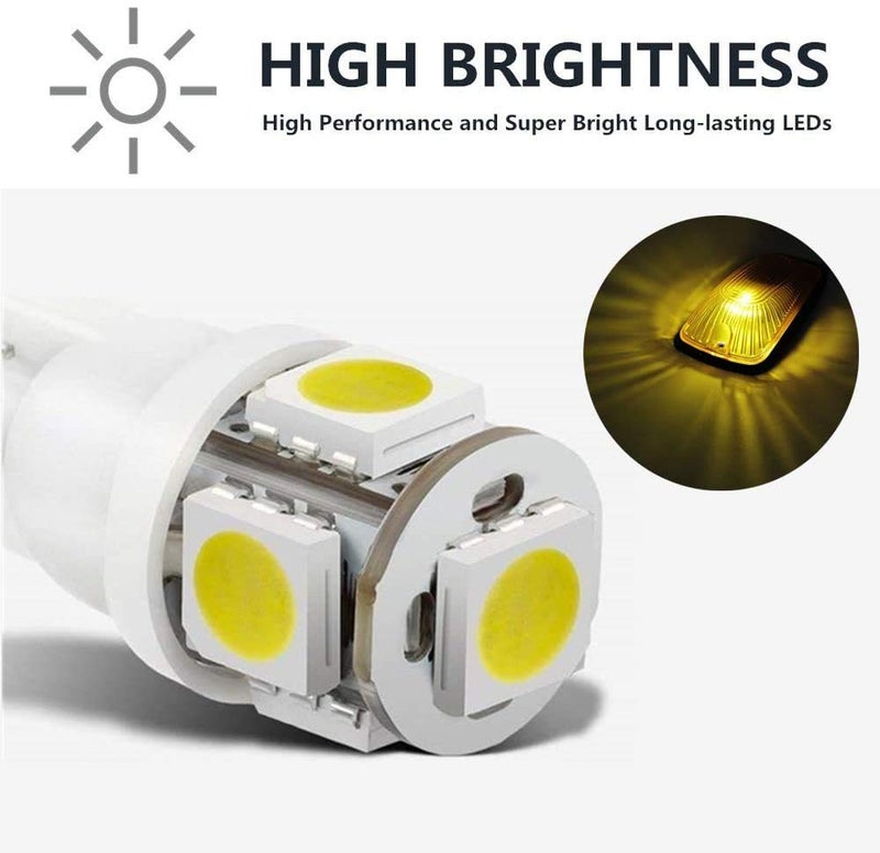 KMA 5pcs Amber Cab Maker Roof Running Clearance Light Cover + White T10 5050 LED Light Bulbs Replacement For 1988-2002 GMC Chevy C1500 C2500 C3500 K1500 K2500 K3500 Pickup (Amber Cover & White LED) - Image 2
